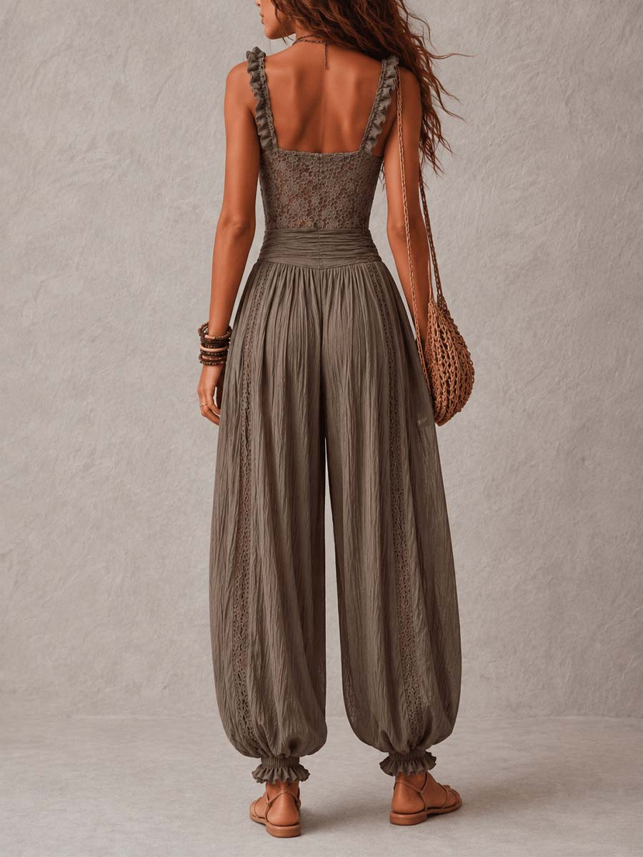 NIEVAS | Grey Lace Bandeau Set and Pleated Cotton Harem Trousers