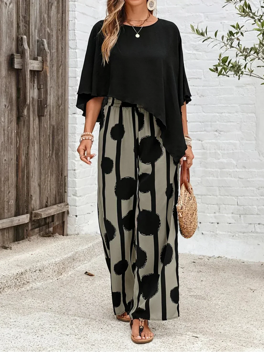 Kalliope | Batwing Top &amp; Printed Wide-Leg Trousers Set