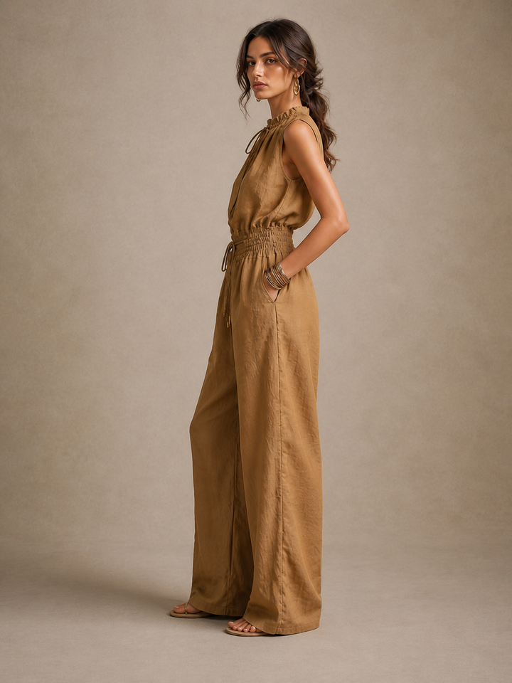 ZENAIDE | Camel-coloured Jumpsuit with High Tied Neckline and Wide Leg