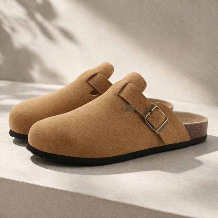 Suede Buckle Clogs | Adjustable Strap &amp; Comfort Footbed