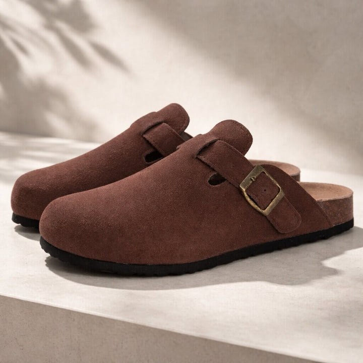 Suede Buckle Clogs | Adjustable Strap &amp; Comfort Footbed