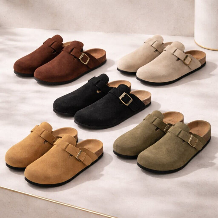 Suede Buckle Clogs | Adjustable Strap &amp; Comfort Footbed
