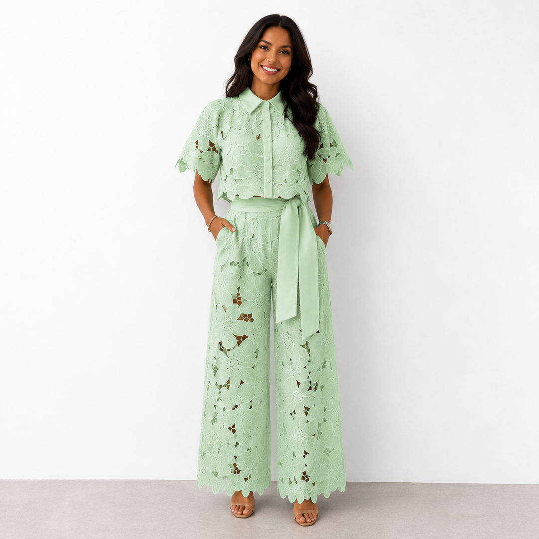 Isabella | Lace Crop Shirt &amp; Tie-Waist Trousers Set