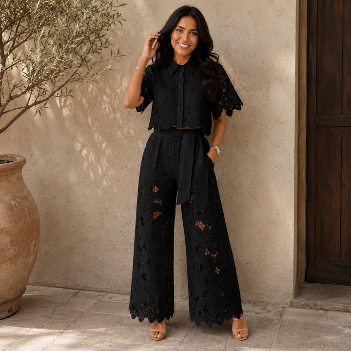 Isabella | Lace Crop Shirt &amp; Tie-Waist Trousers Set