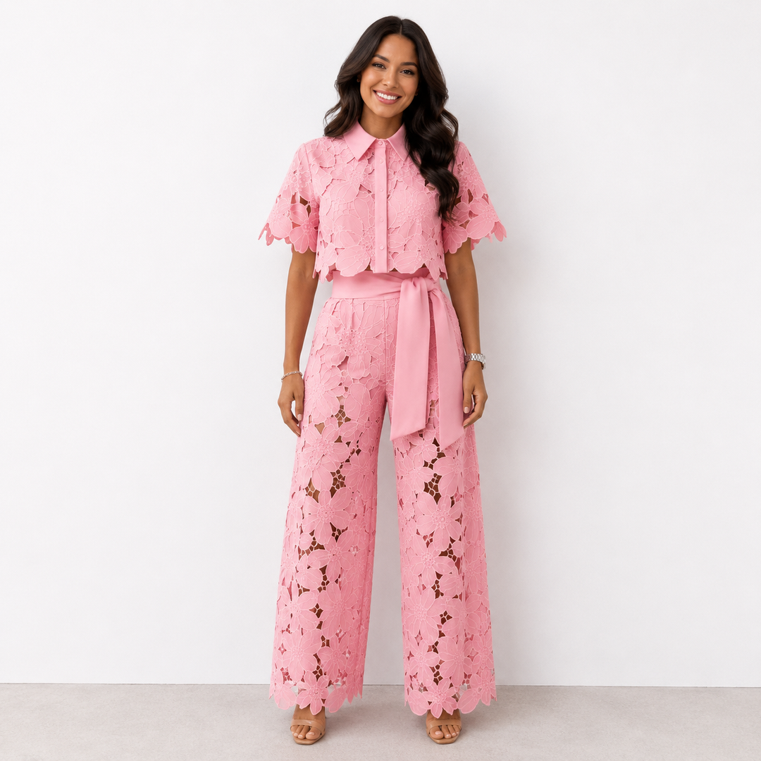 Isabella | Lace Crop Shirt &amp; Tie-Waist Trousers Set