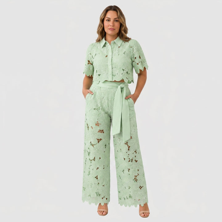 Isabella | Lace Crop Shirt &amp; Tie-Waist Trousers Set