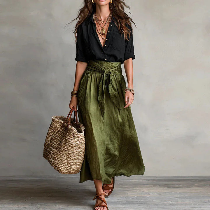 Jeanelle | Linen Shirt &amp; Tie-Waist Skirt Set