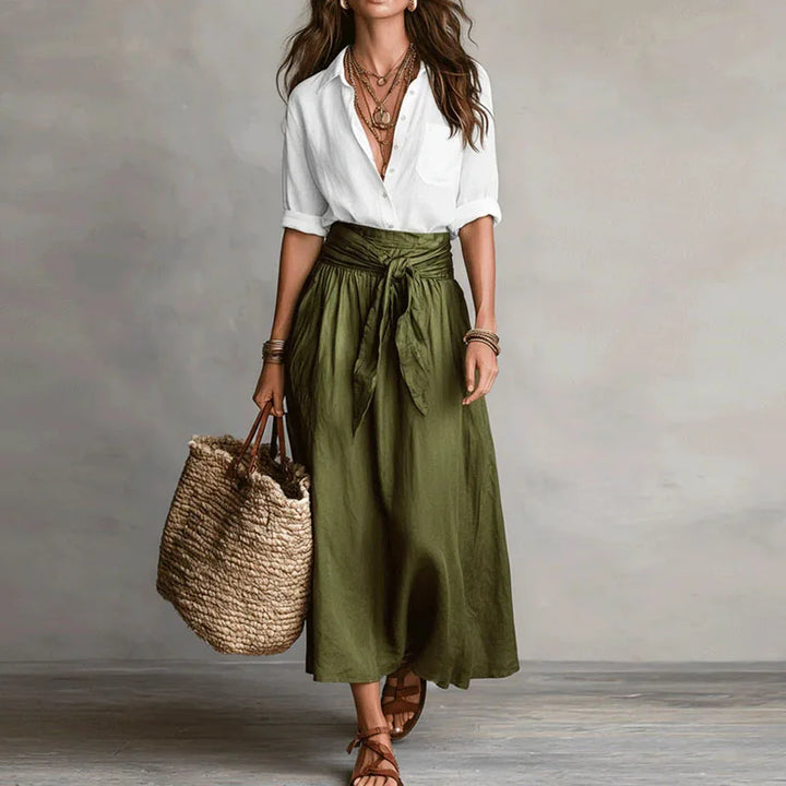 Jeanelle | Linen Shirt &amp; Tie-Waist Skirt Set