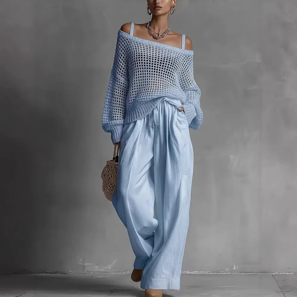 Claribel | Crochet Knit Top &amp; Wide-Leg Trousers Set