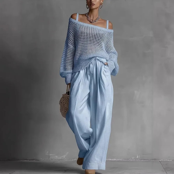 Claribel | Crochet Knit Top &amp; Wide-Leg Trousers Set