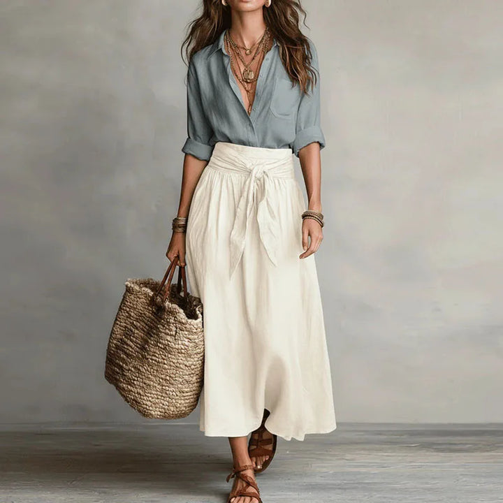 Jeanelle | Linen Shirt &amp; Tie-Waist Skirt Set