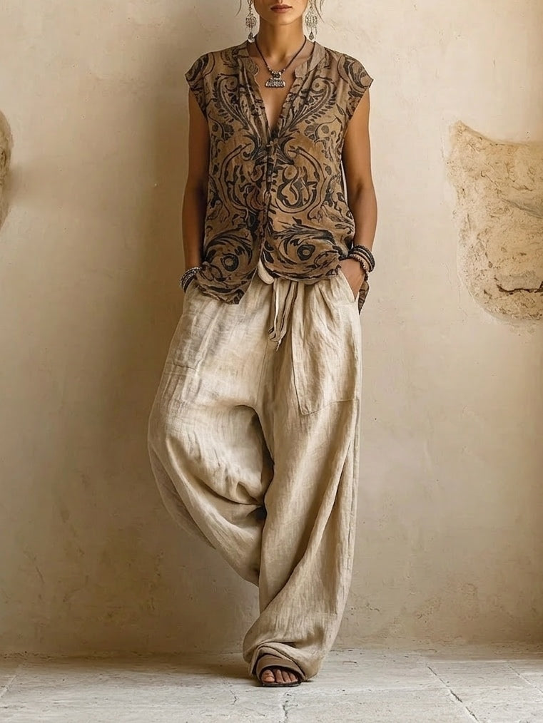 Giulia | Layered Boho Print Top &amp; Wide-Leg Trouser Set