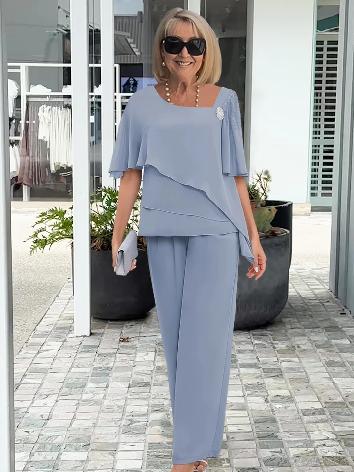 Seren | Chiffon Layered Top &amp; Straight Trousers Set