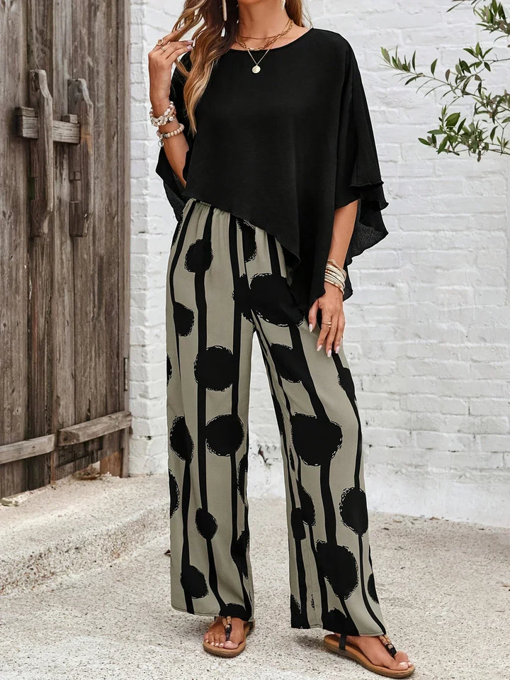 Kalliope | Batwing Top &amp; Printed Wide-Leg Trousers Set