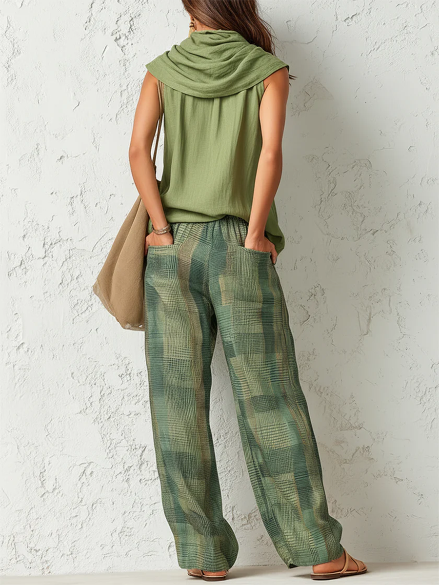 Iris | Cowl Neck Top &amp; Plaid Wide-Leg Trousers Set