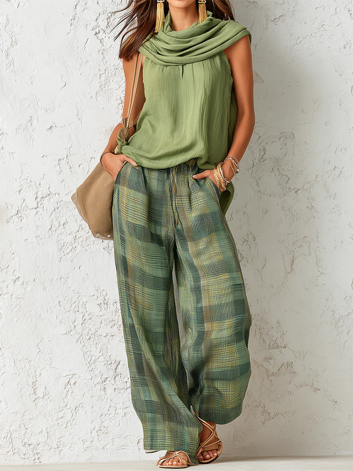 Iris | Cowl Neck Top &amp; Plaid Wide-Leg Trousers Set